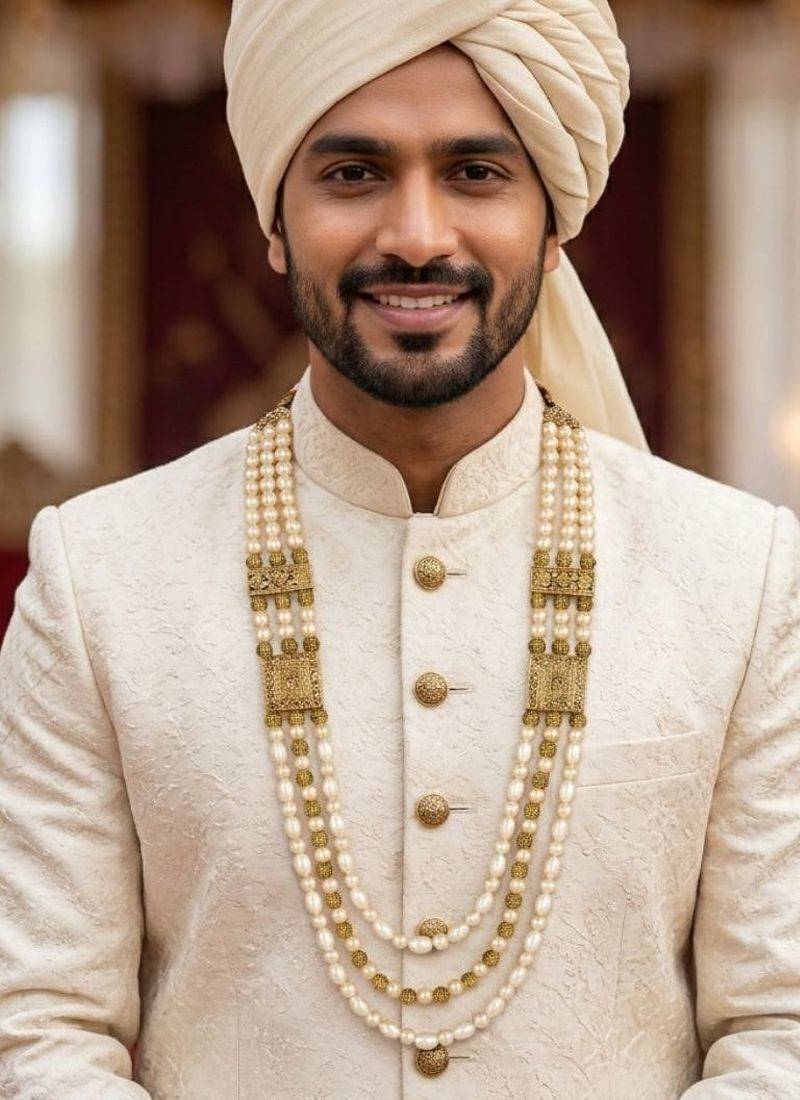   pearl beads dulha groom sherwani mala for   for wedding | layered mala | perfect for groom