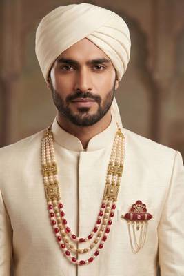   groom sherwani necklace moti mala layered for wedding | groom mala with brooch set 6