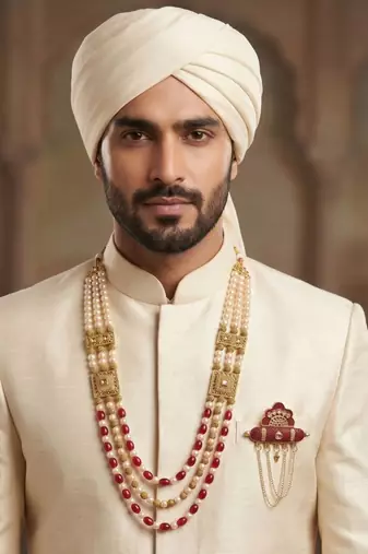   groom sherwani necklace moti mala layered for wedding | groom mala with brooch set