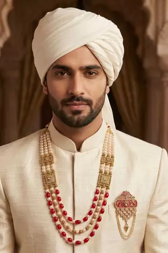   groom sherwani necklace moti mala layered for wedding | groom mala with brooch set