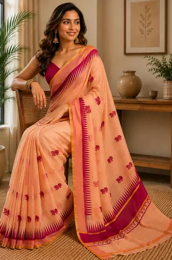 peach magenta printed chanderi cotton ready to wear saree with unstitched blouse