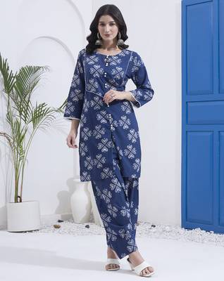 Navy blue floral printed cotton stitched co-ord set with pants for women 1
