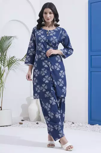 Navy blue floral printed cotton stitched co-ord set with pants for women