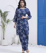 Navy blue floral printed cotton stitched co-ord set with pants for women