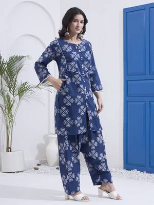 Navy blue floral printed cotton stitched co-ord set with pants for women 2
