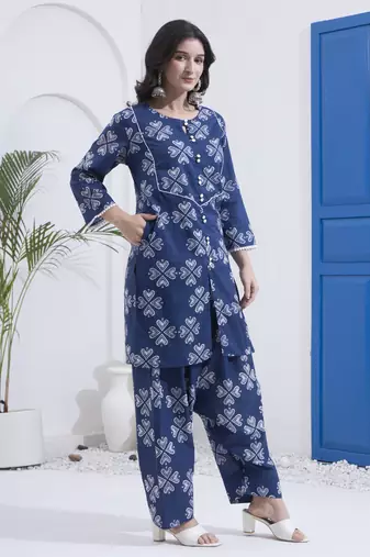 Navy blue floral printed cotton stitched co-ord set with pants for women