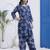 Navy blue floral printed cotton stitched co-ord set with pants for women