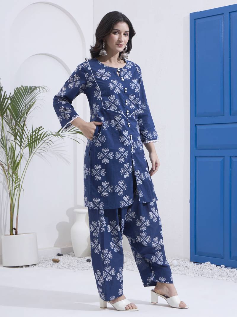Navy blue floral printed cotton stitched co-ord set with pants for women