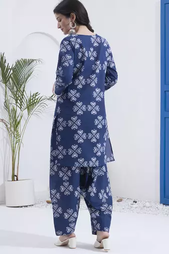 Navy blue floral printed cotton stitched co-ord set with pants for women