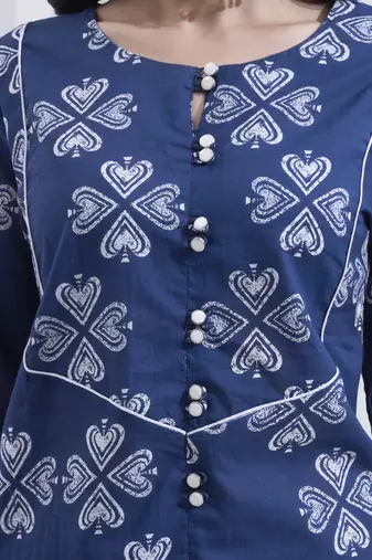 Navy blue floral printed cotton stitched co-ord set with pants for women