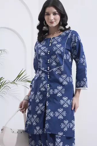 Navy blue floral printed cotton stitched co-ord set with pants for women