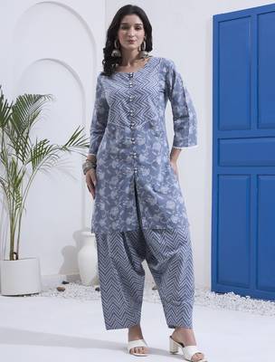 Grey floral printed cotton stitched co-ord set with pants for women 1