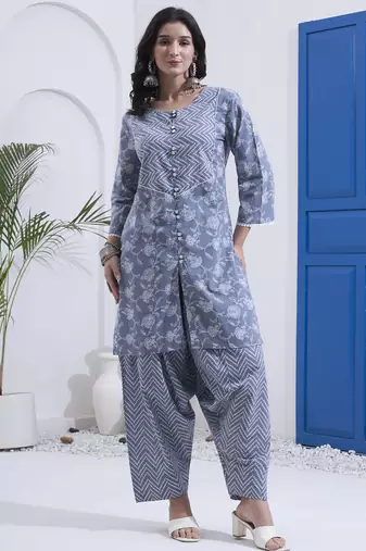 Grey floral printed cotton stitched co-ord set with pants for women