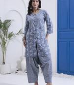 Grey floral printed cotton stitched co-ord set with pants for women