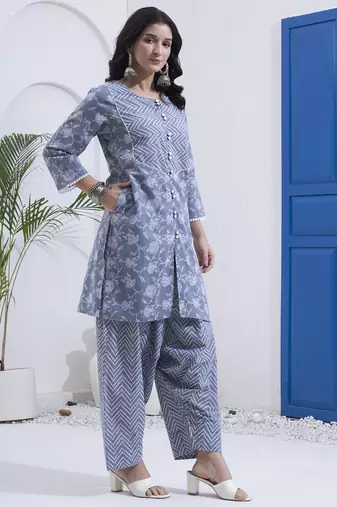 Grey floral printed cotton stitched co-ord set with pants for women