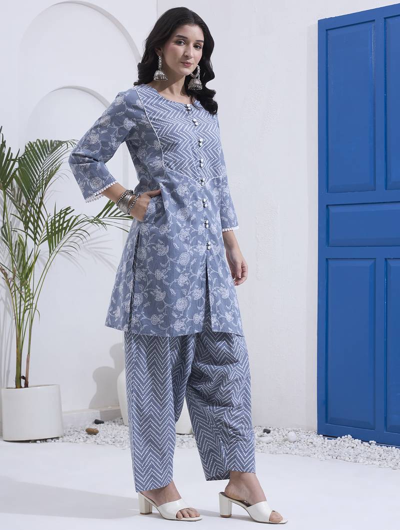 Grey floral printed cotton stitched co-ord set with pants for women