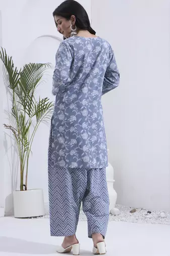 Grey floral printed cotton stitched co-ord set with pants for women