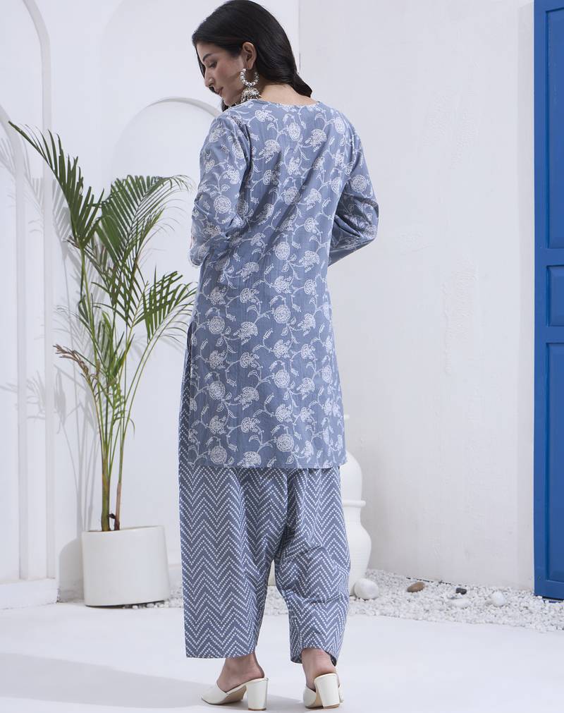 Grey floral printed cotton stitched co-ord set with pants for women