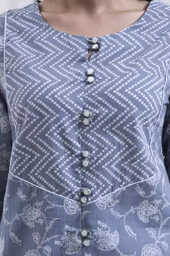 Grey floral printed cotton stitched co-ord set with pants for women