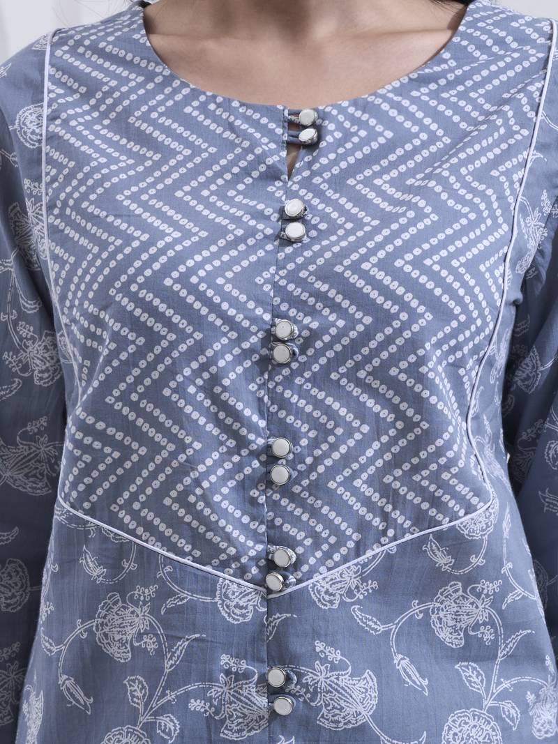 Grey floral printed cotton stitched co-ord set with pants for women