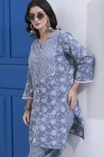 Grey floral printed cotton stitched co-ord set with pants for women