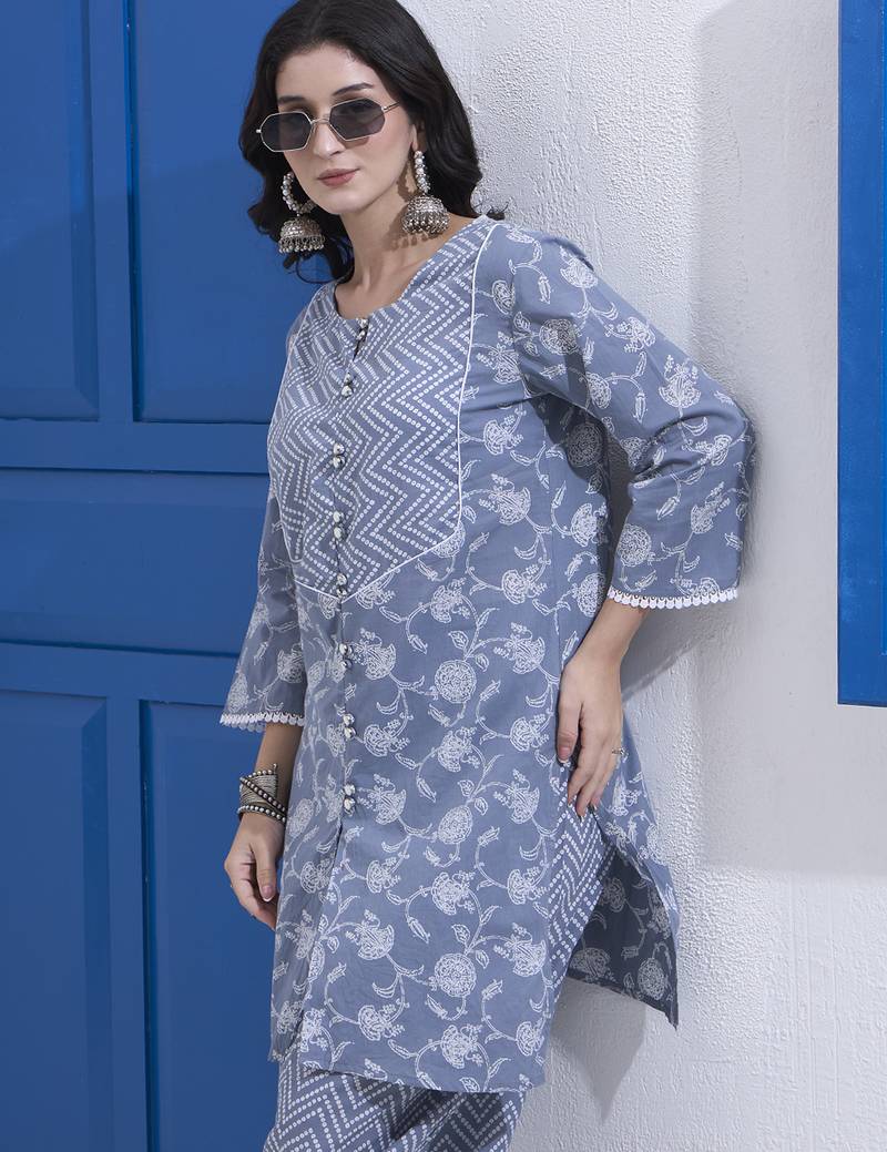 Grey floral printed cotton stitched co-ord set with pants for women
