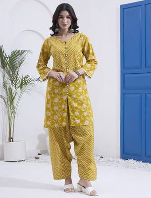 Mustard floral printed cotton stitched co-ord set with pants for women 1