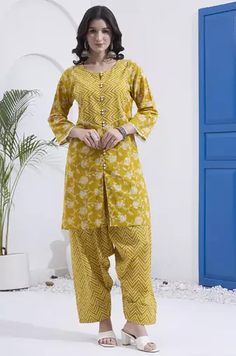 Mustard floral printed cotton stitched co-ord set with pants for women