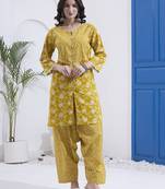 Mustard floral printed cotton stitched co-ord set with pants for women