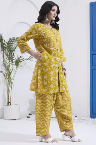 Mustard floral printed cotton stitched co-ord set with pants for women