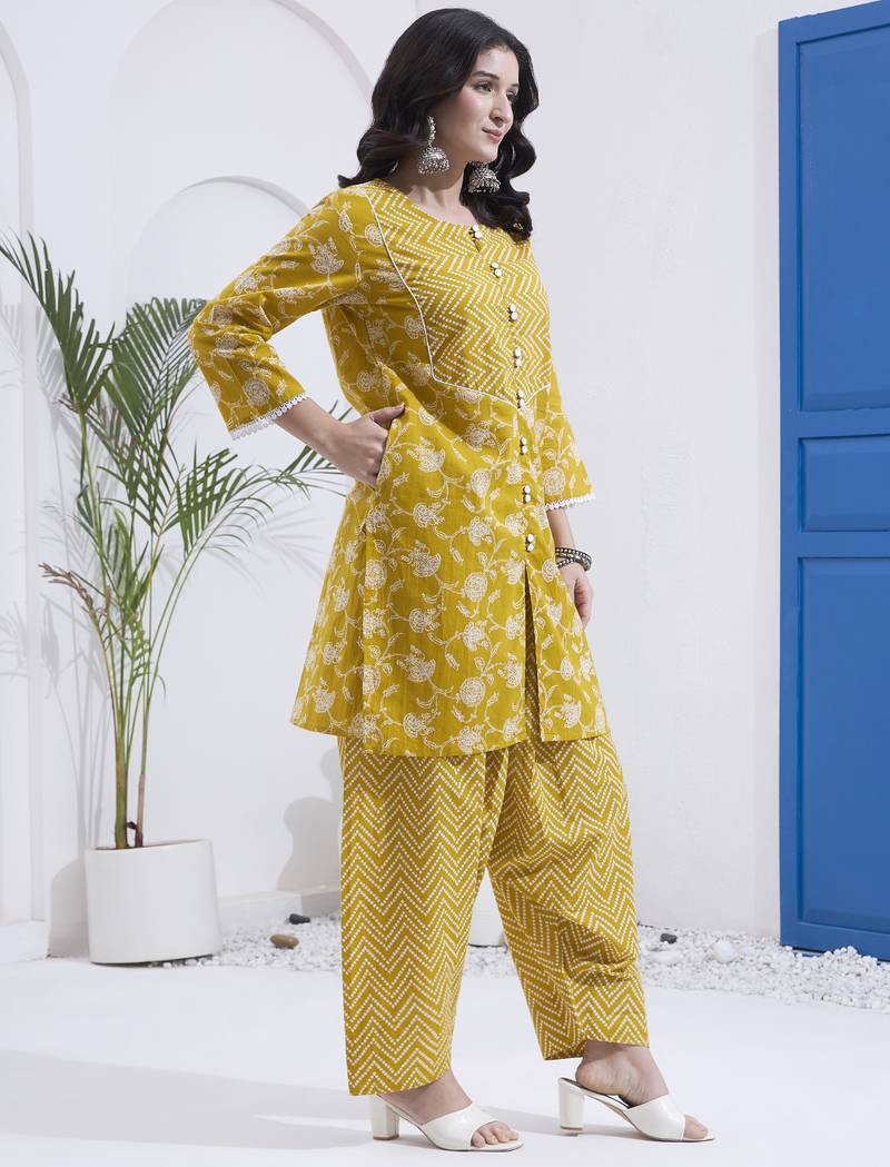 Mustard floral printed cotton stitched co-ord set with pants for women