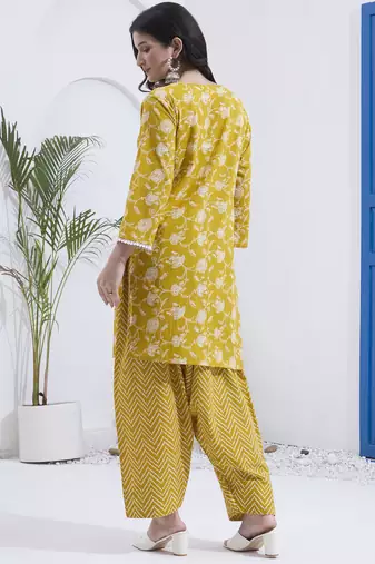 Mustard floral printed cotton stitched co-ord set with pants for women