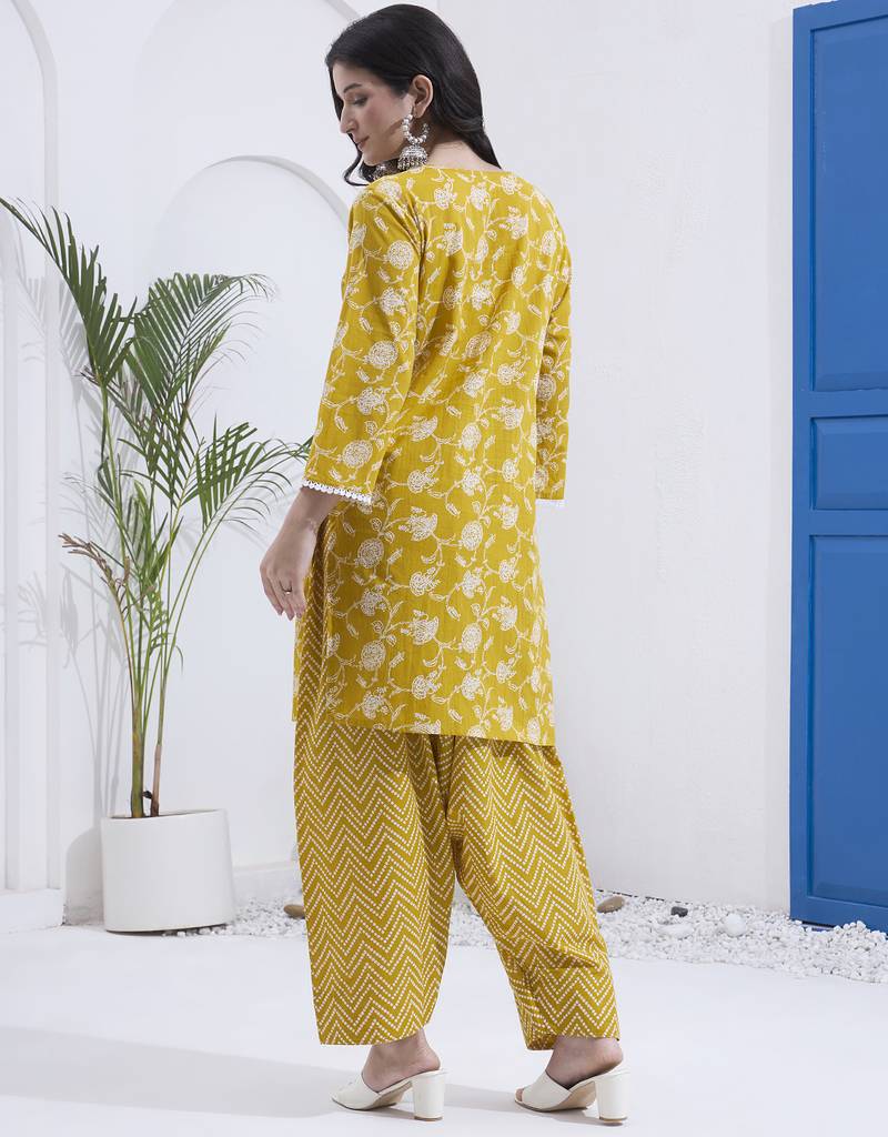 Mustard floral printed cotton stitched co-ord set with pants for women