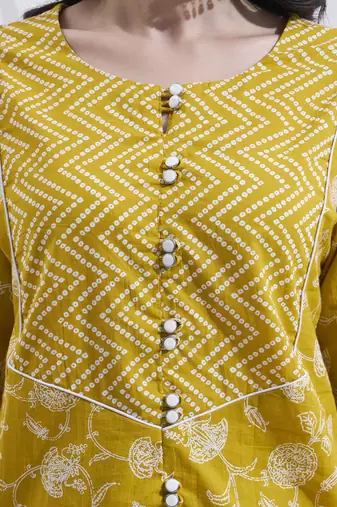 Mustard floral printed cotton stitched co-ord set with pants for women