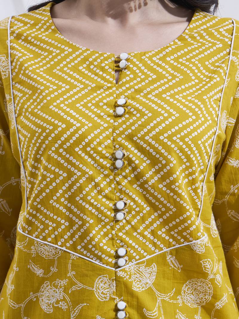 Mustard floral printed cotton stitched co-ord set with pants for women