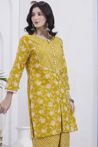 Mustard floral printed cotton stitched co-ord set with pants for women