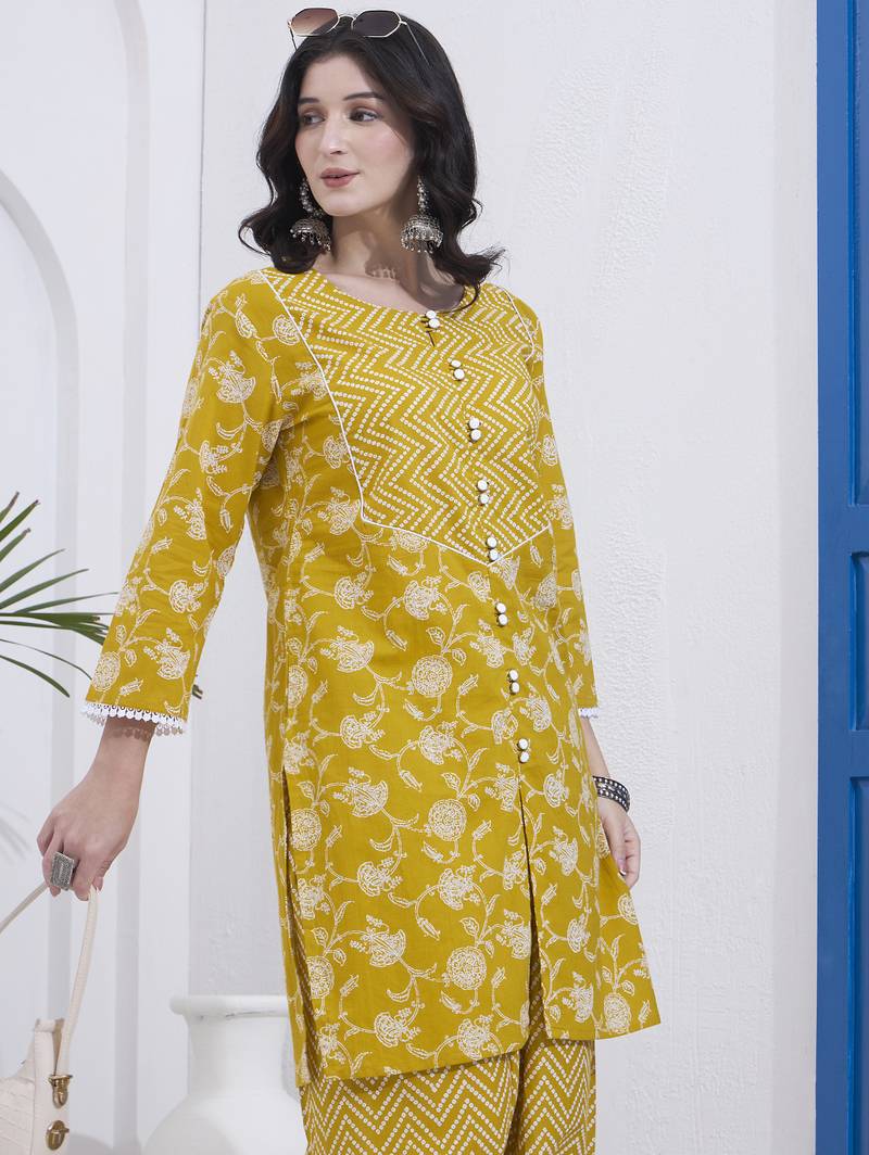 Mustard floral printed cotton stitched co-ord set with pants for women