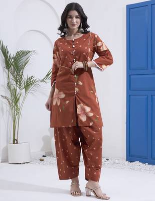 Brown floral printed cotton stitched co-ord set with pants for women 1