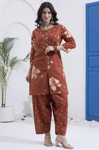 Brown floral printed cotton stitched co-ord set with pants for women