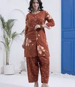 Brown floral printed cotton stitched co-ord set with pants for women