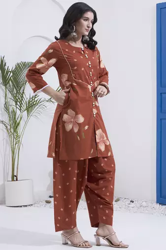 Brown floral printed cotton stitched co-ord set with pants for women