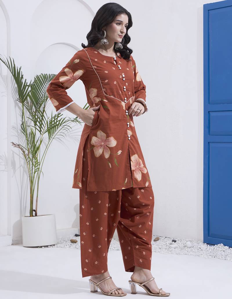 Brown floral printed cotton stitched co-ord set with pants for women