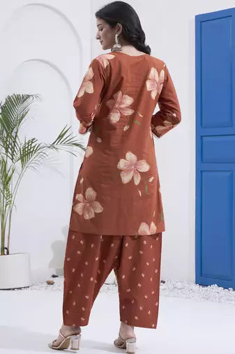 Brown floral printed cotton stitched co-ord set with pants for women