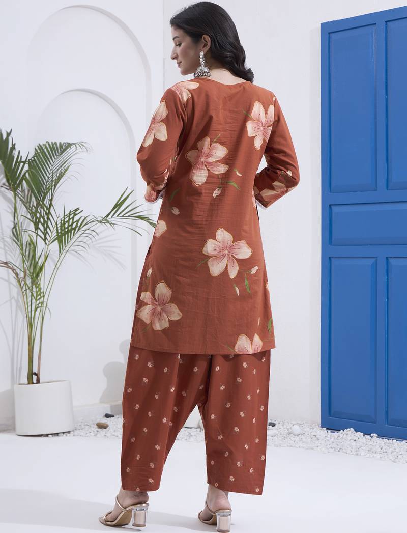 Brown floral printed cotton stitched co-ord set with pants for women