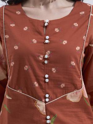 Brown floral printed cotton stitched co-ord set with pants for women 4