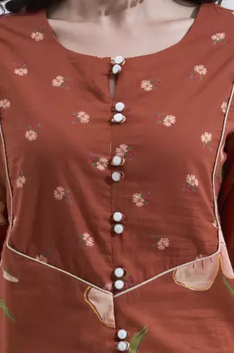Brown floral printed cotton stitched co-ord set with pants for women