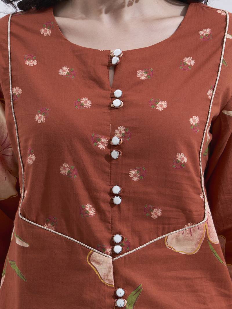 Brown floral printed cotton stitched co-ord set with pants for women