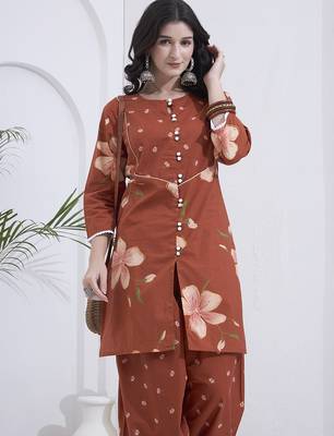 Brown floral printed cotton stitched co-ord set with pants for women 5