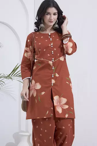 Brown floral printed cotton stitched co-ord set with pants for women