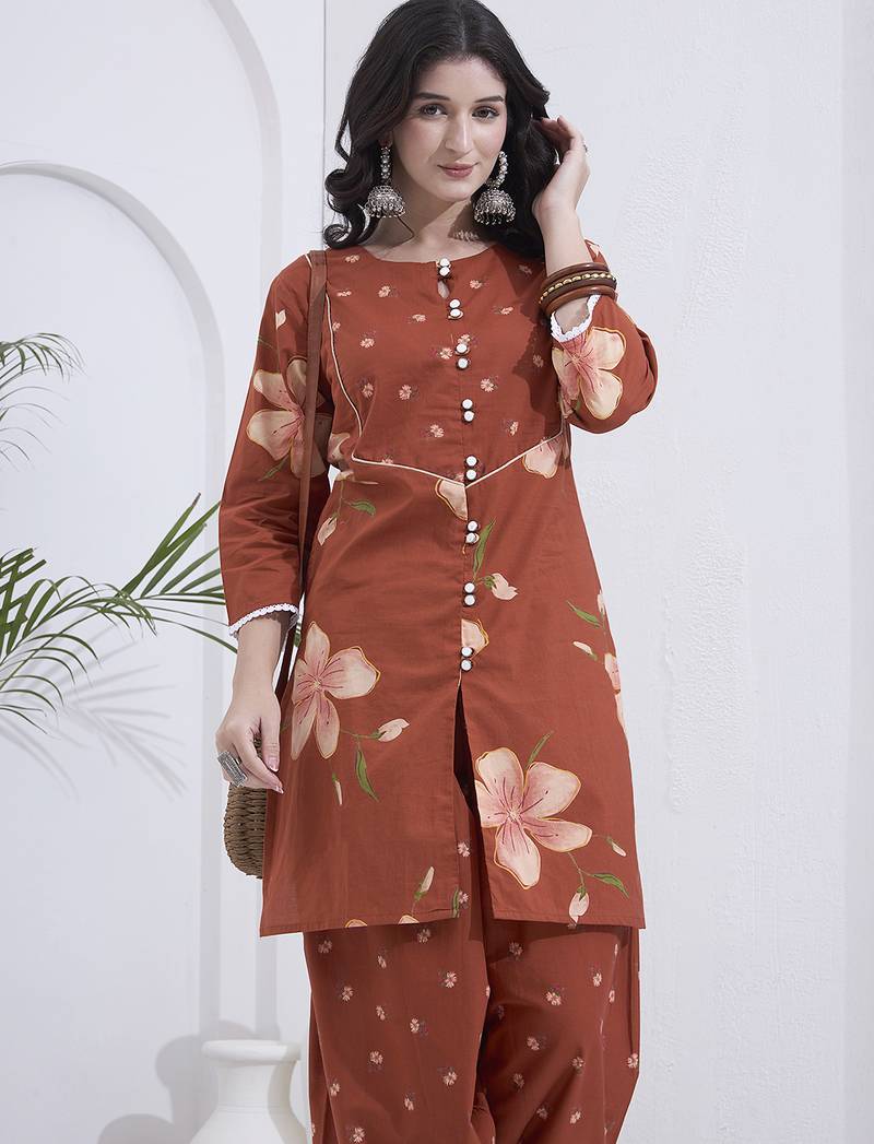 Brown floral printed cotton stitched co-ord set with pants for women